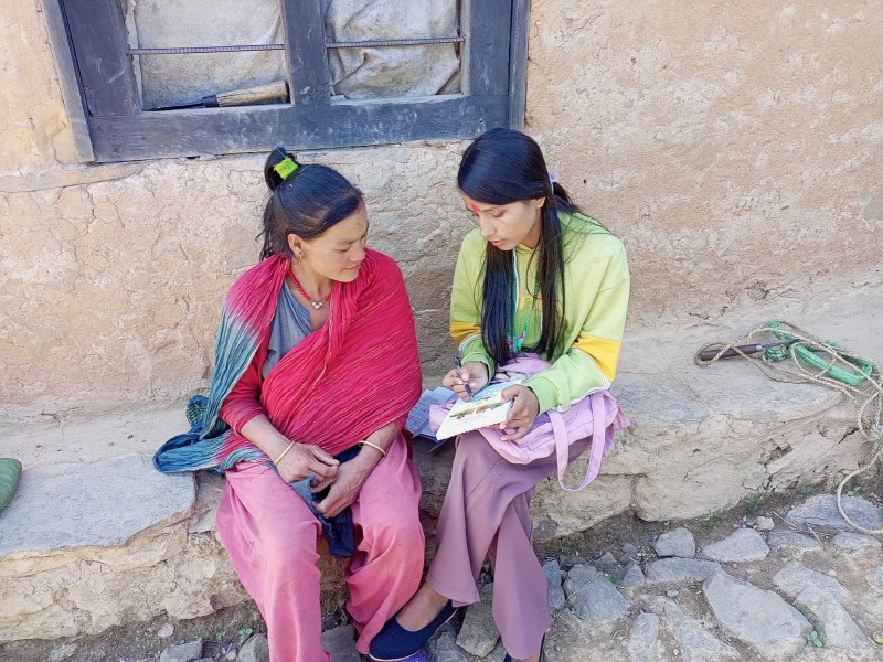 "In-person counseling session for Antenatal Care (ANC) provided to a pregnant woman by a Community Health Worker (CHM) as part of the IHSBMC Project in Chure Rural Municipality, Kailali"